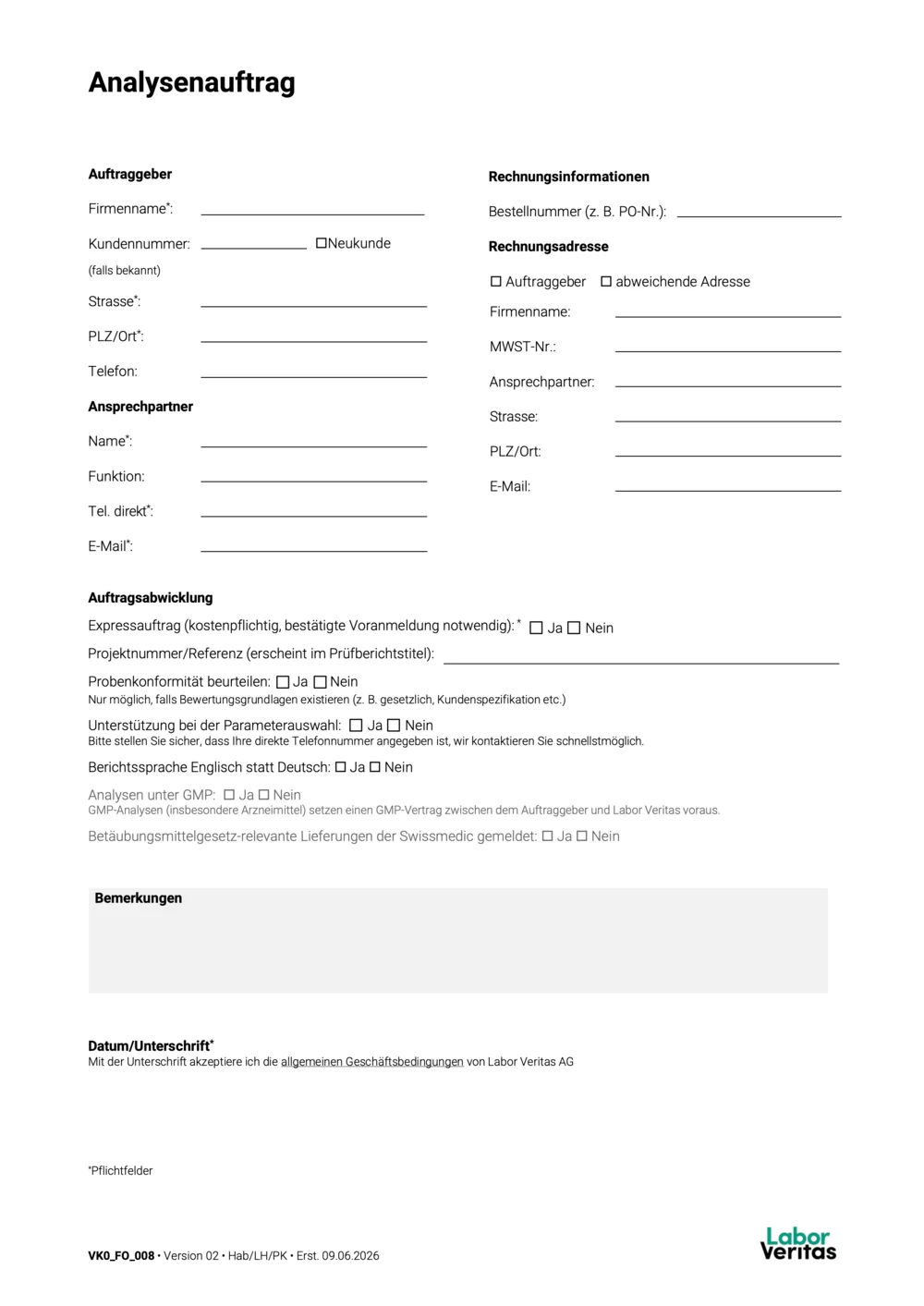 Eine Seite des Formulars mit Angaben zum Auftraggeber, Ansprechpartner, Rechnungsinformationen, Auftragsabwicklung, Bemerkungen und Unterschrift